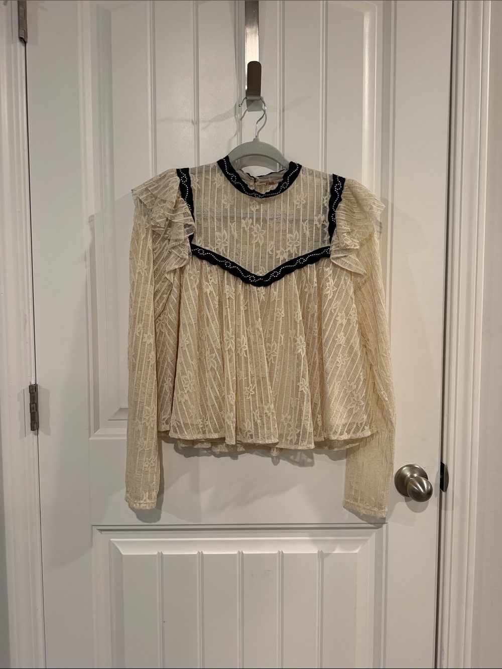 NWT Free People Lace Ruffle Long-Sleeve Blouse in Cream with Black Trim